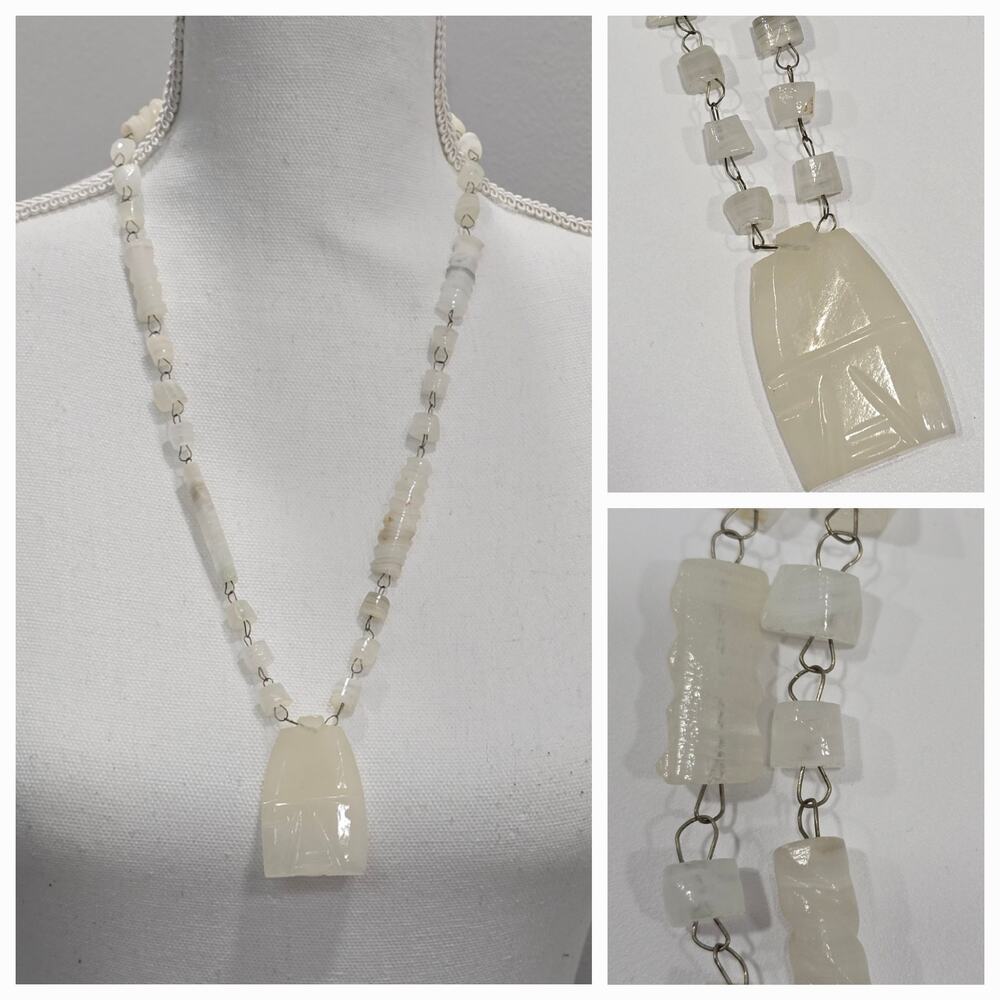 White Onyx Mexican Agate Beaded Chain Pendant Necklace Retro 70's Festival